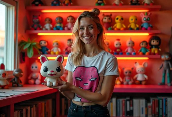 Mosolygó nő egy labubu figurát tart a kezében színes játékgyűjtemény előtt, polcokon különböző ritka figurákkal.